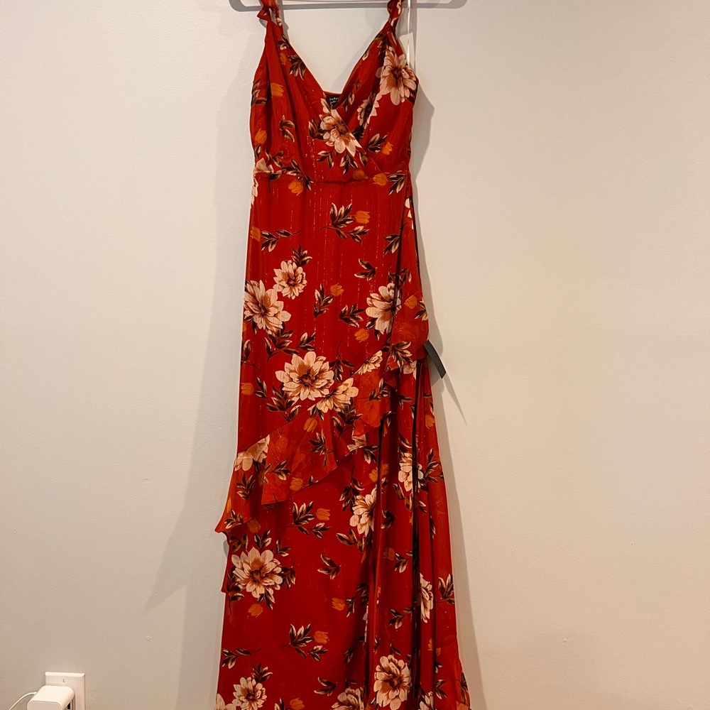 Pleased to Be Rust Orange Floral Print Ruffled Maxi Dress